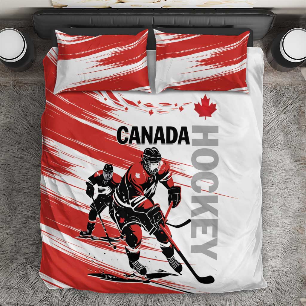 Canada hockey bedding set: red/white duvet with hockey players and Canada flag print