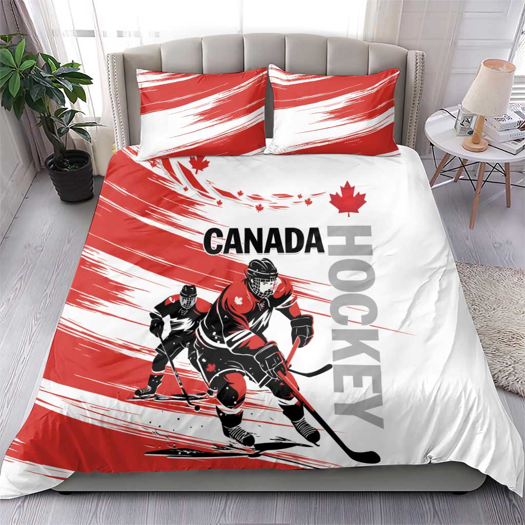 Canada hockey bedding set on bed: red/white duvet and two pillows with hockey players and flag