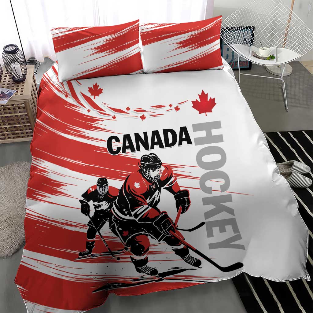Canada hockey bedding set duvet with bold CANADA text, maple leaf, and ice hockey players