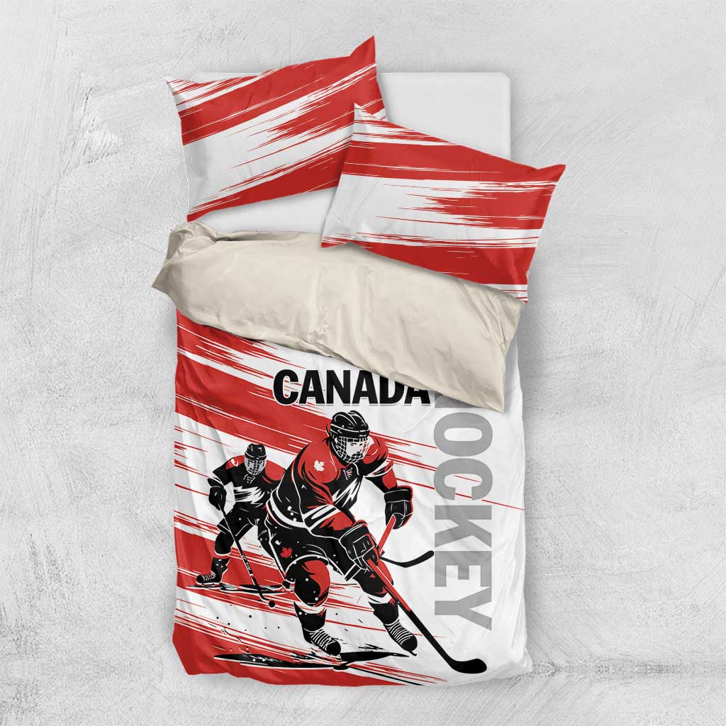 Canada hockey bedding set with red-and-white duvet and two pillows, hockey players and vertical CANADA