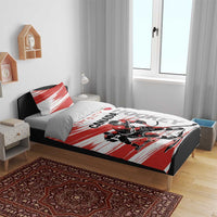 Canada hockey bedding set on bed frame: red/white duvet with hockey players and CANADA text
