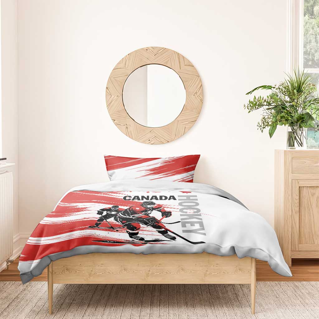 Canada hockey bedding set: red/white duvet with hockey players, CANADA text, and maple leaf
