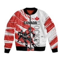 Red and white hockey bomber jacket with black ribbed cuffs and zip front, Canada graphic