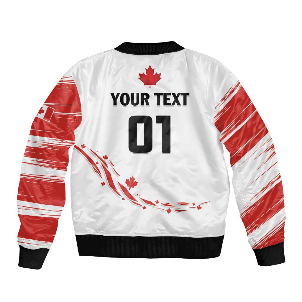 White hockey bomber jacket with red stripes, black ribbed hem, zip front, 'YOUR TEXT 01' back