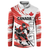Red and white hockey sweatshirt with button placket and Canada player graphic