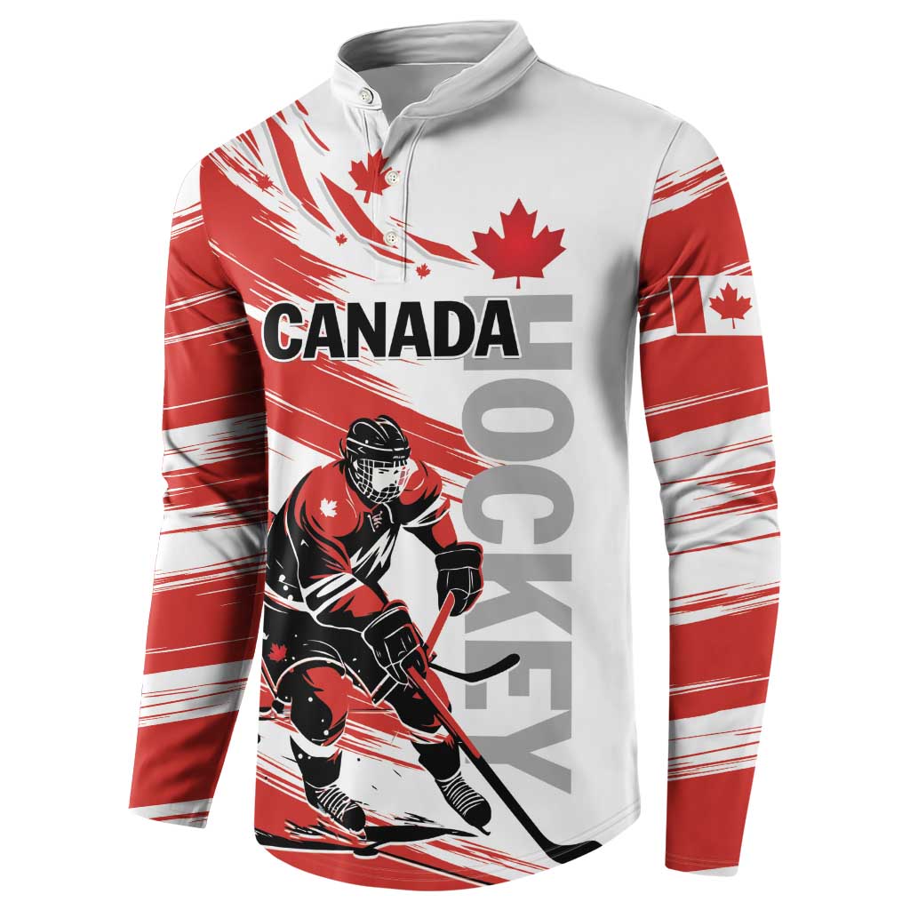 Red and white hockey sweatshirt with Canada text and goalie player graphic