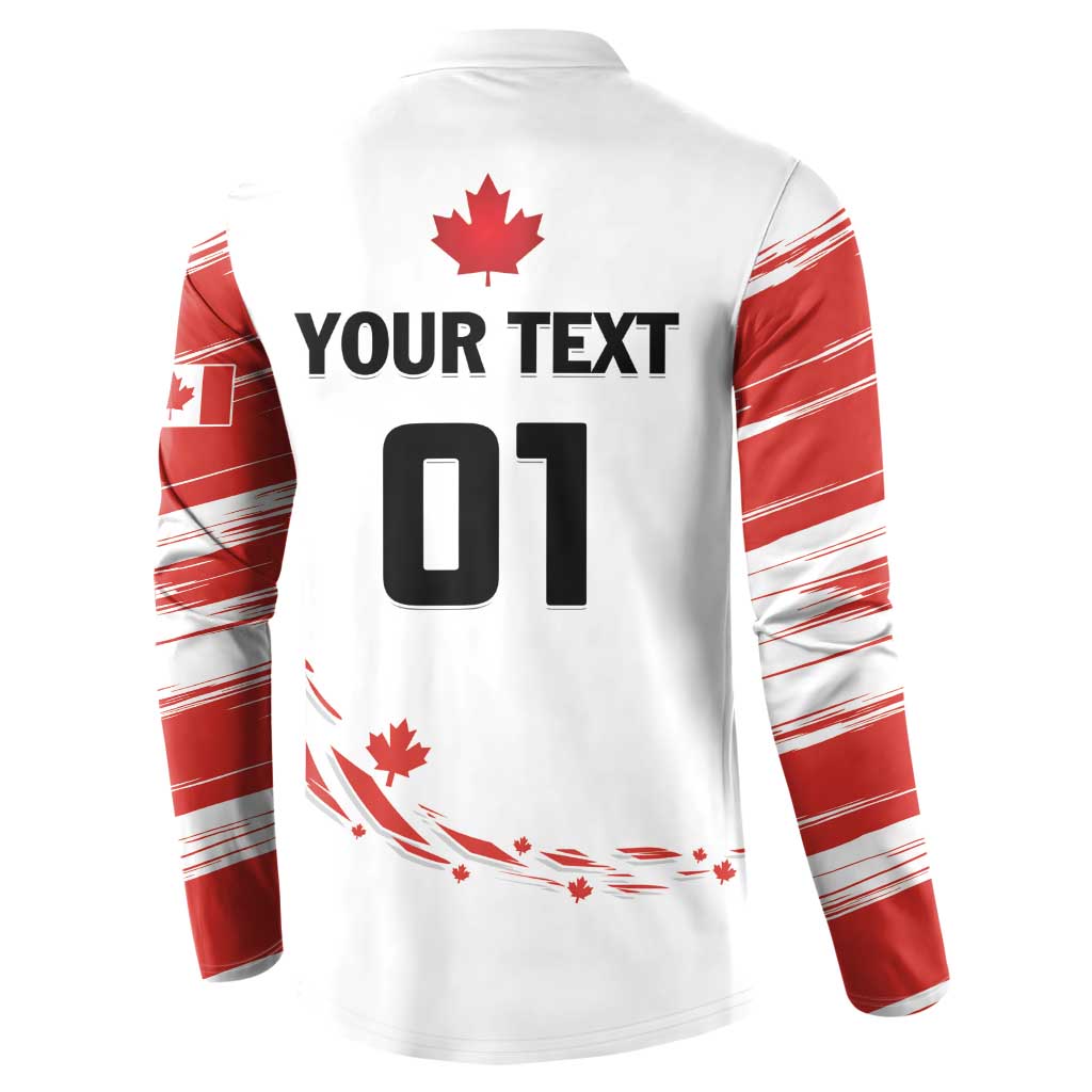 White hockey sweatshirt back with YOUR TEXT, 01, maple leaf, and red stripes