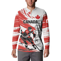 Red and white hockey sweatshirt with Canada logo and goalie player graphic