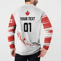 White hockey sweatshirt back with YOUR TEXT, 01, maple leaf, and red sleeve stripes