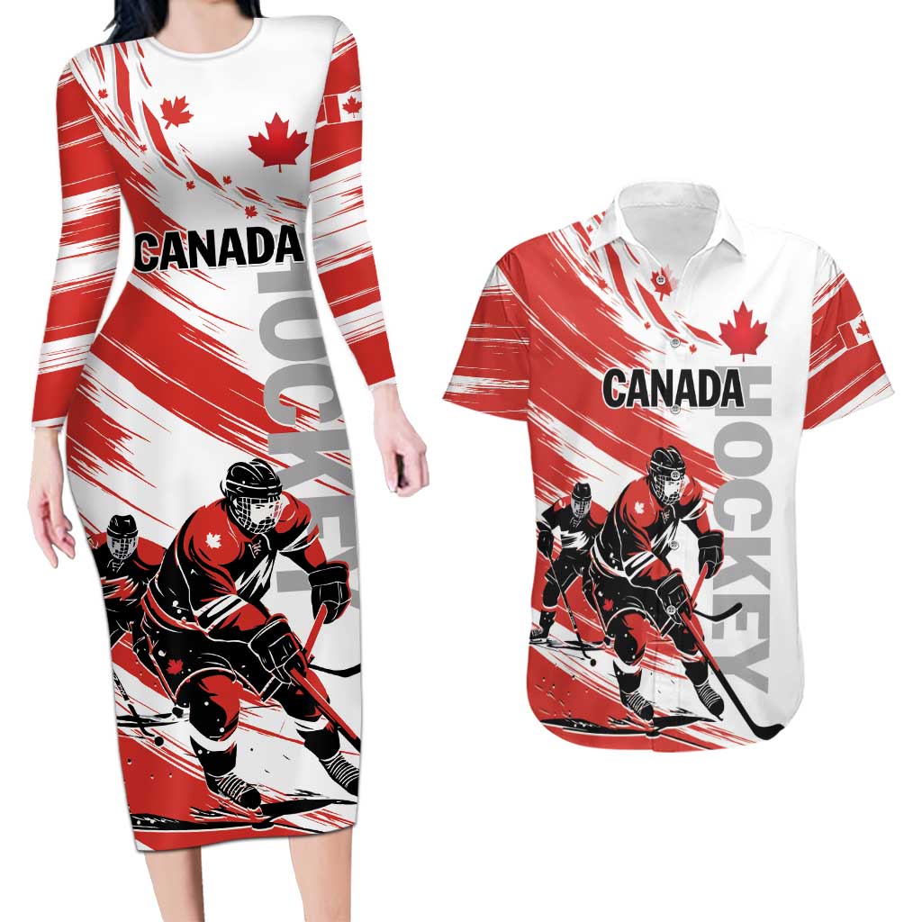 Custom Canada Hockey Couples Matching Long Sleeve Bodycon Dress and Hawaiian Shirt Canada Owns Hockey - Wonder Print Shop