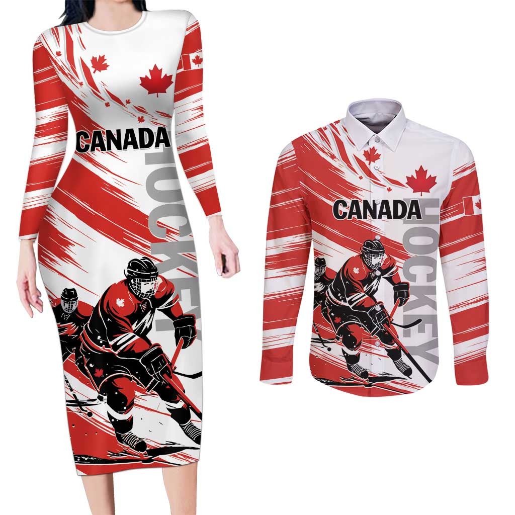 Custom Canada Hockey Couples Matching Long Sleeve Bodycon Dress and Long Sleeve Button Shirt Canada Owns Hockey - Wonder Print Shop