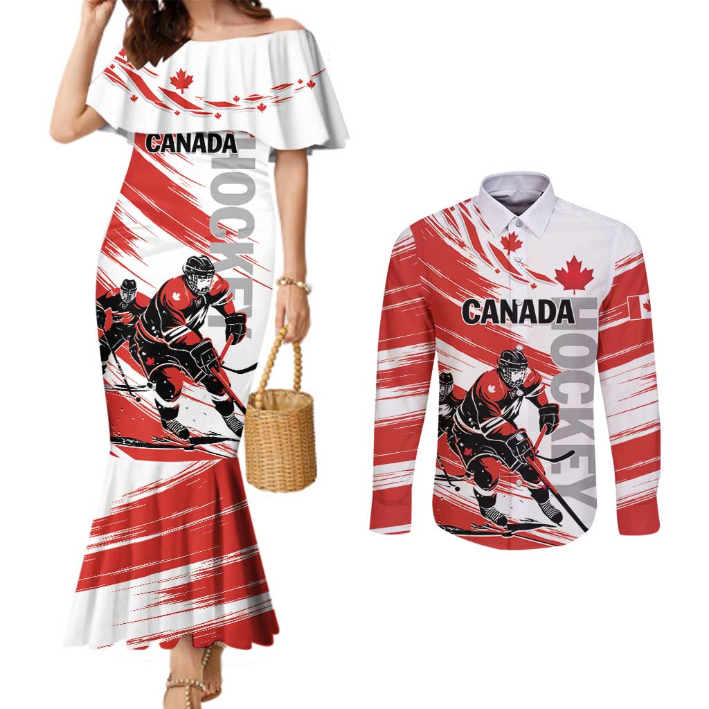 Custom Canada Hockey Couples Matching Mermaid Dress and Long Sleeve Button Shirt Canada Owns Hockey