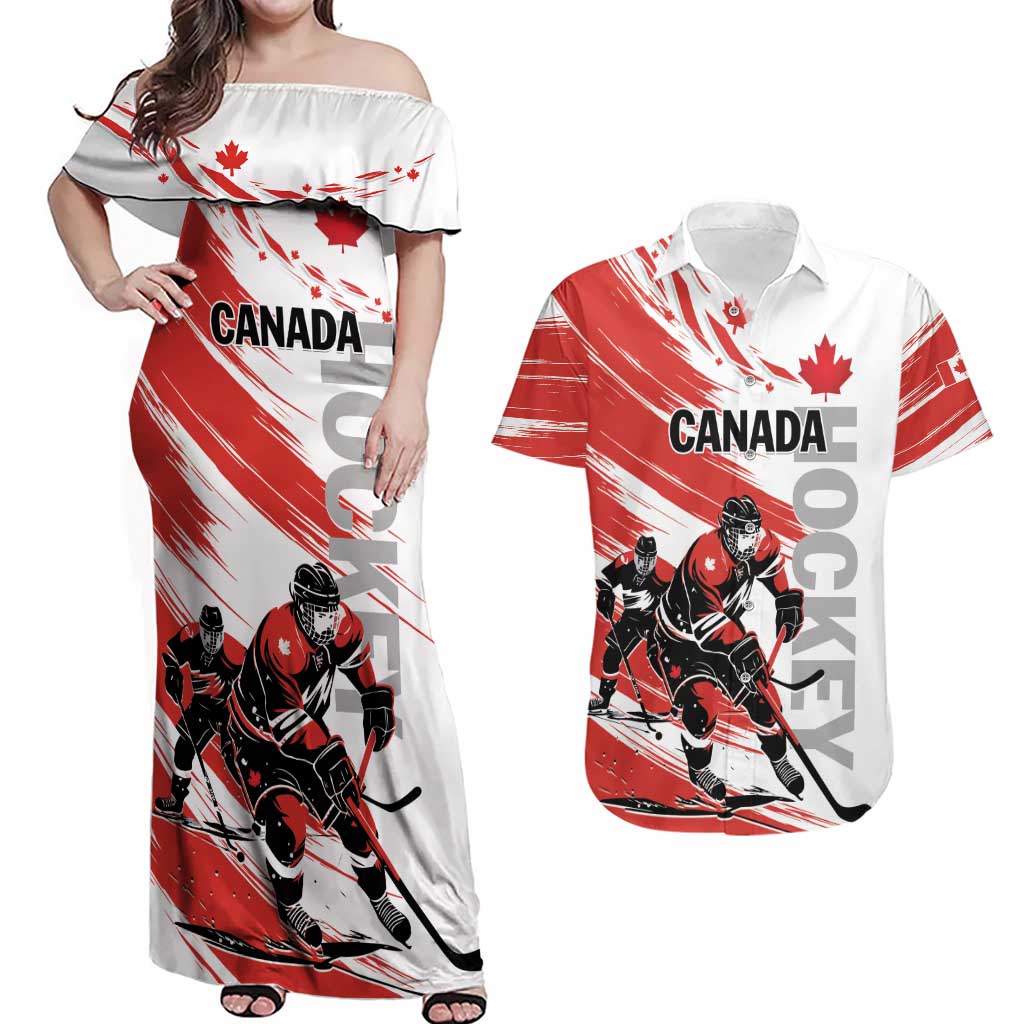 Custom Canada Hockey Couples Matching Off Shoulder Maxi Dress and Hawaiian Shirt Canada Owns Hockey - Wonder Print Shop