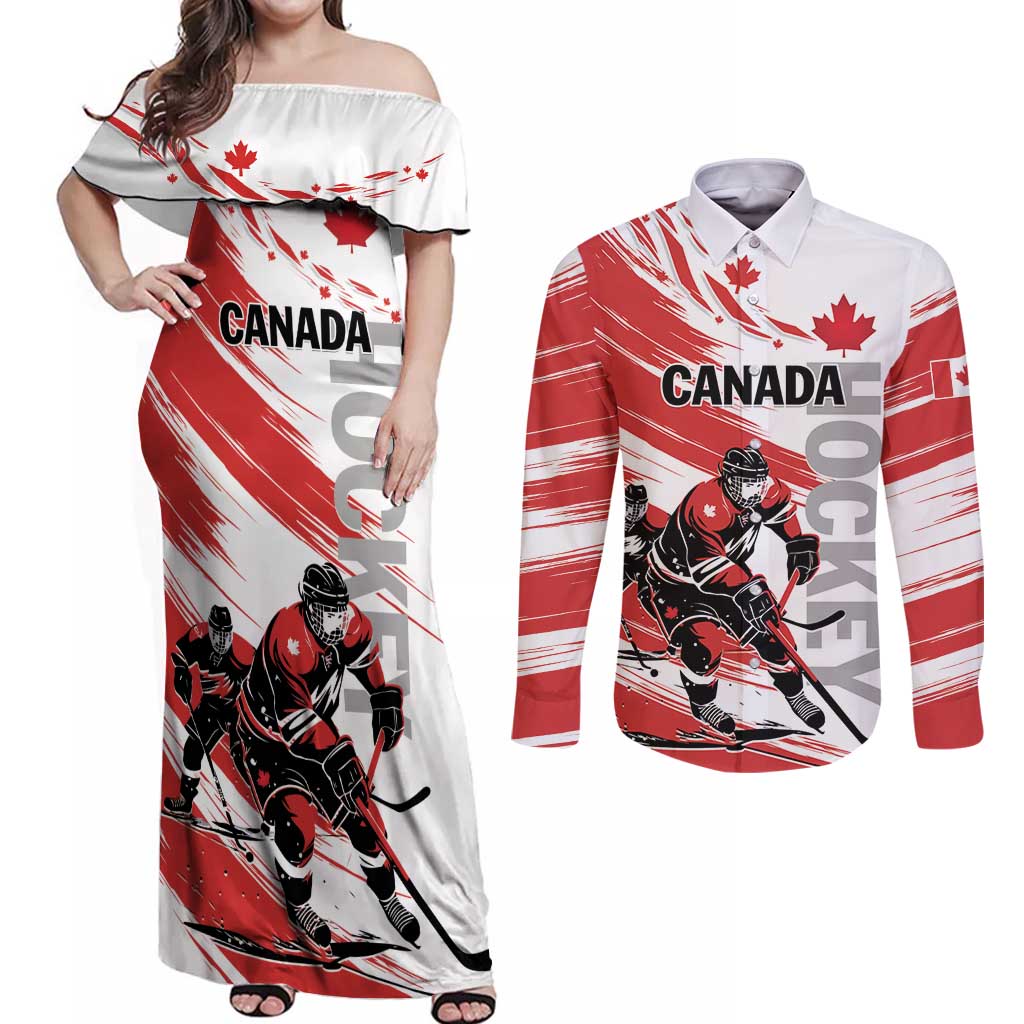 Custom Canada Hockey Couples Matching Off Shoulder Maxi Dress and Long Sleeve Button Shirt Canada Owns Hockey - Wonder Print Shop