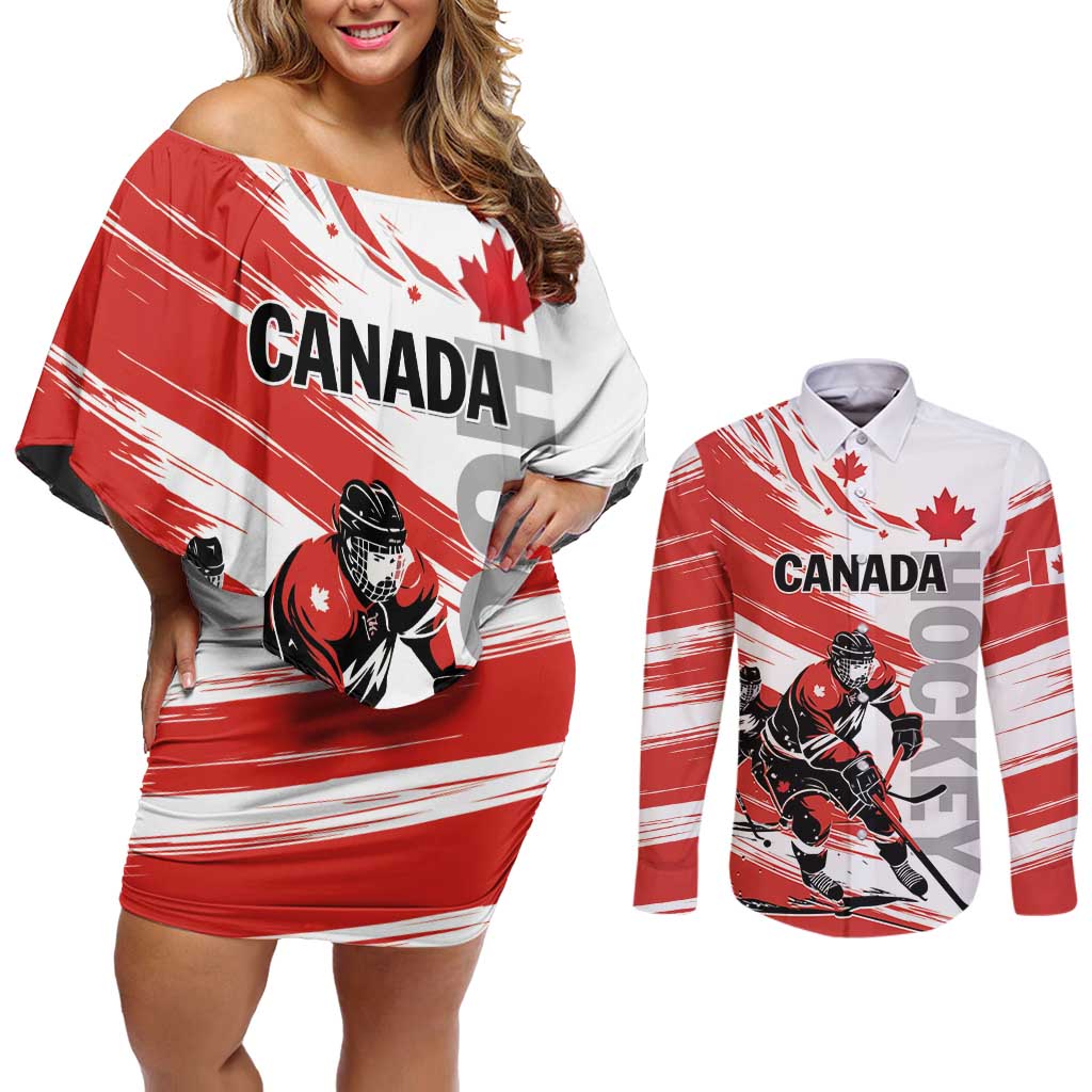 Custom Canada Hockey Couples Matching Off Shoulder Short Dress and Long Sleeve Button Shirt Canada Owns Hockey - Wonder Print Shop