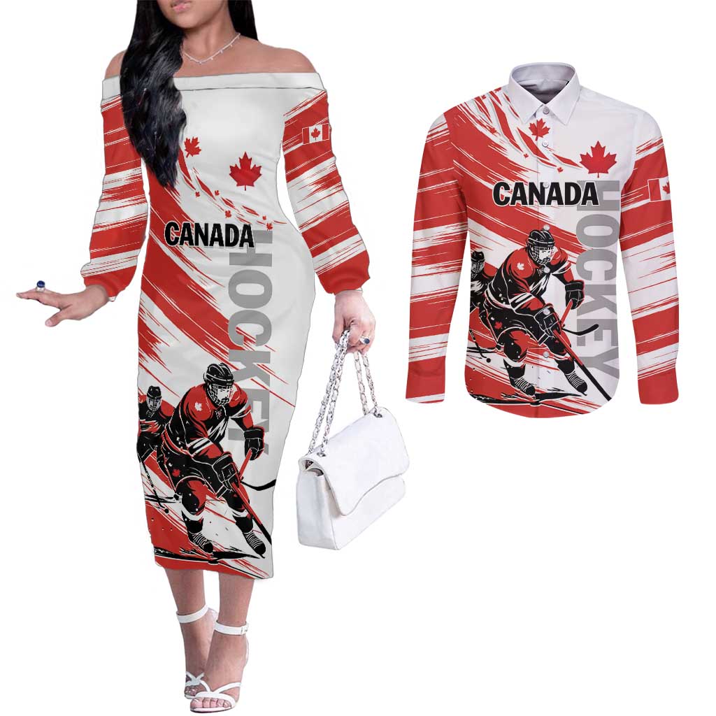 Custom Canada Hockey Couples Matching Off The Shoulder Long Sleeve Dress and Long Sleeve Button Shirt Canada Owns Hockey