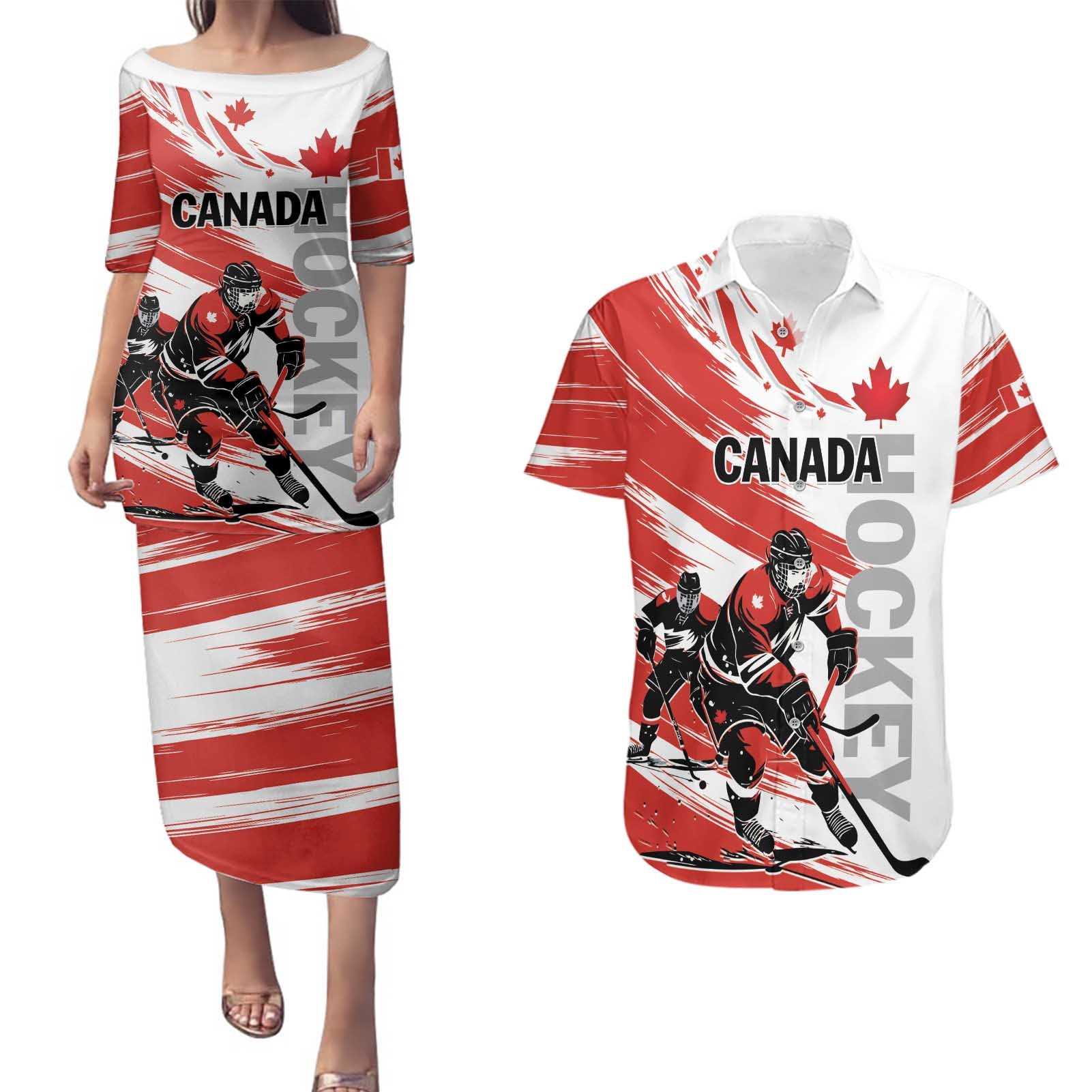 Custom Canada Hockey Couples Matching Puletasi and Hawaiian Shirt Canada Owns Hockey - Wonder Print Shop