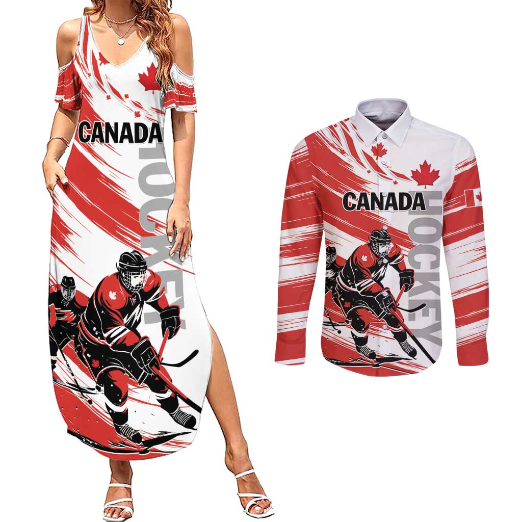 Custom Canada Hockey Couples Matching Summer Maxi Dress and Long Sleeve Button Shirt Canada Owns Hockey - Wonder Print Shop