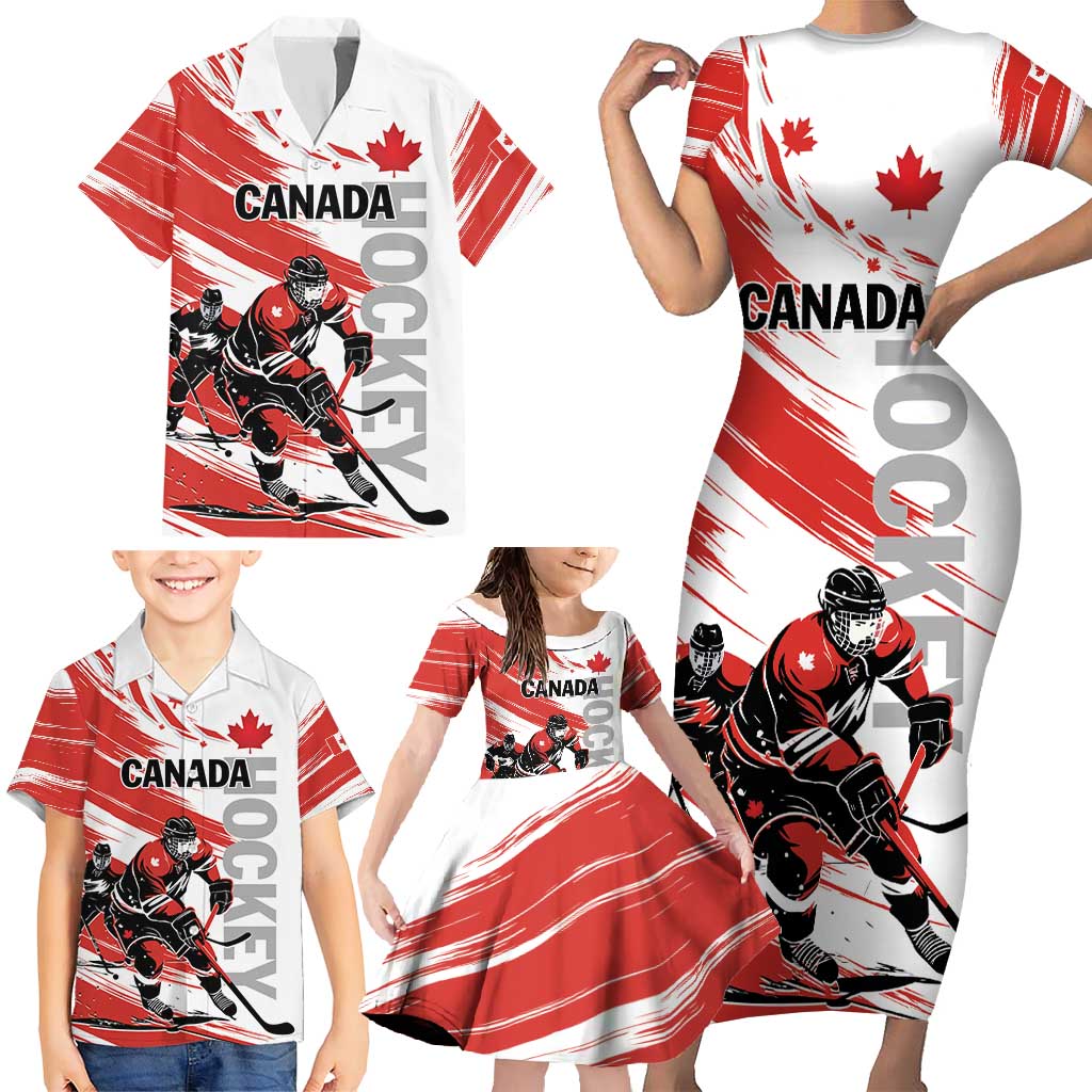 Custom Canada Hockey Family Matching Short Sleeve Bodycon Dress and Hawaiian Shirt Canada Owns Hockey - Wonder Print Shop