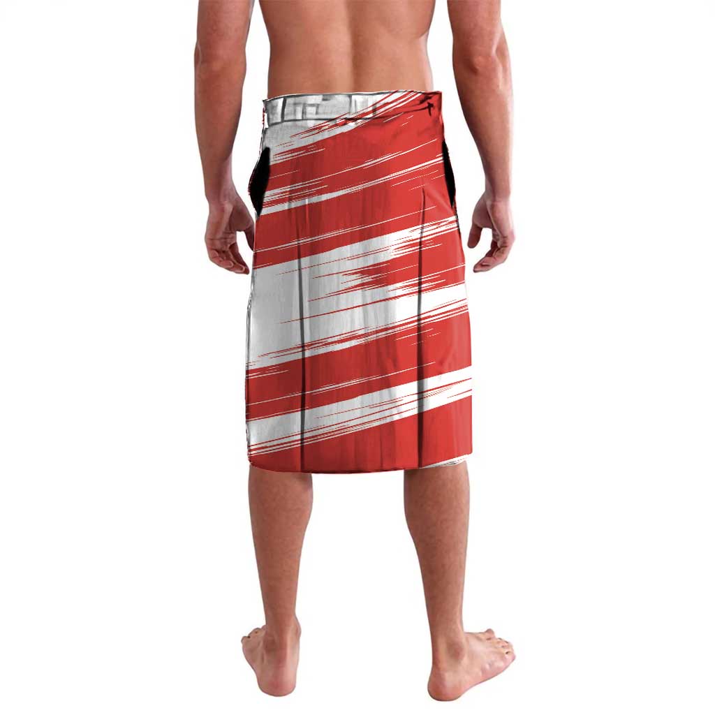 Red and white hockey-style shorts with bold stripe graphic and printed front, side view