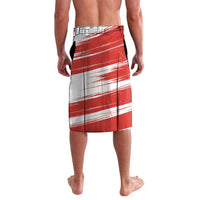 Red and white hockey-style shorts with bold stripe graphic and printed front, side view