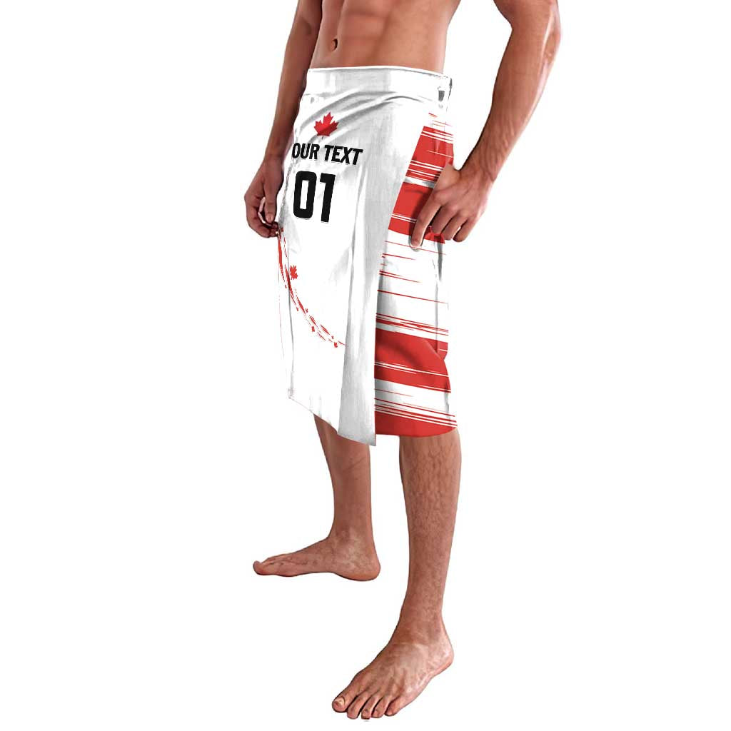 White hockey shorts with red stripes, maple leaf, and 'OUR TEXT 01' on front, angled view