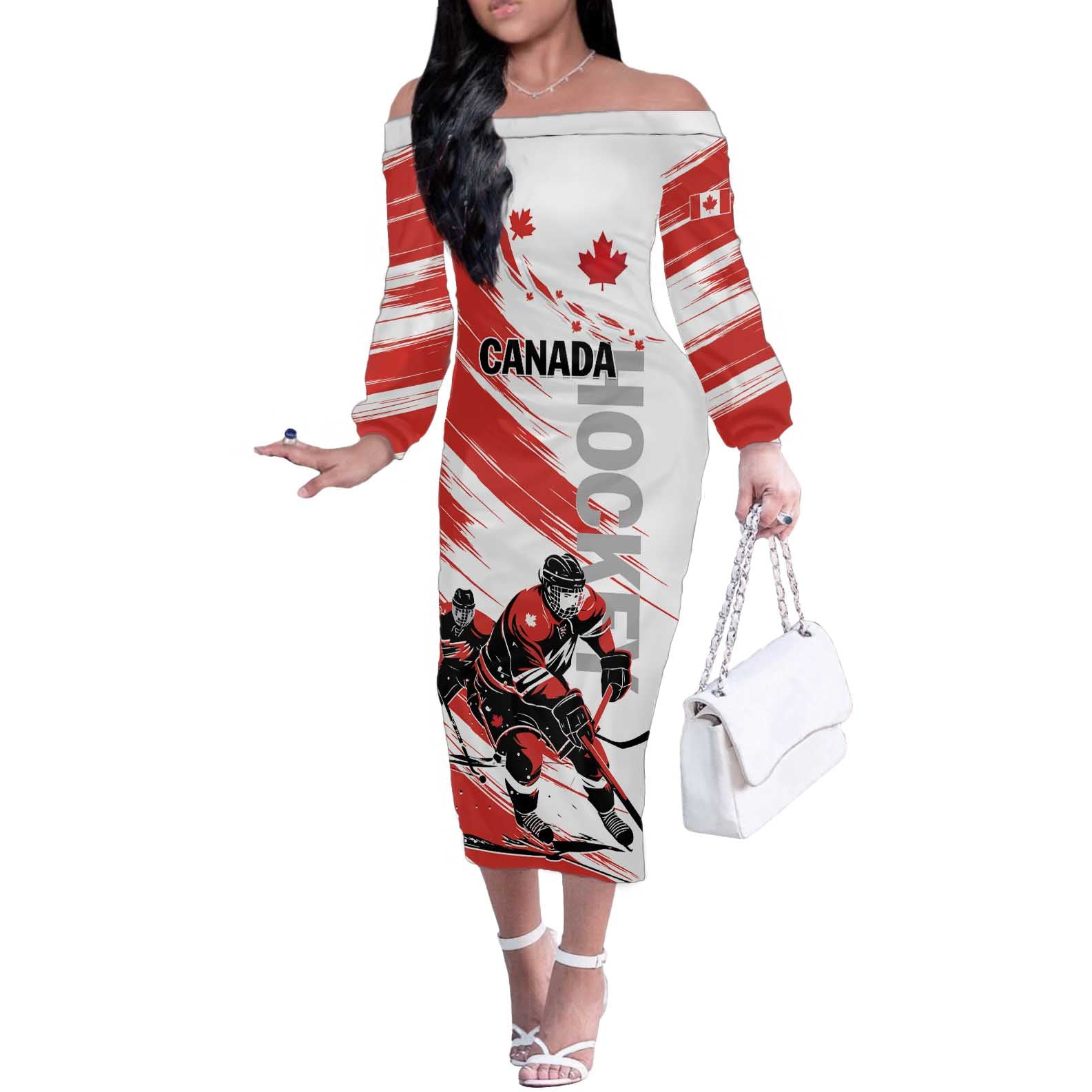 Custom Canada Hockey Off The Shoulder Long Sleeve Dress Canada Owns Hockey - Wonder Print Shop