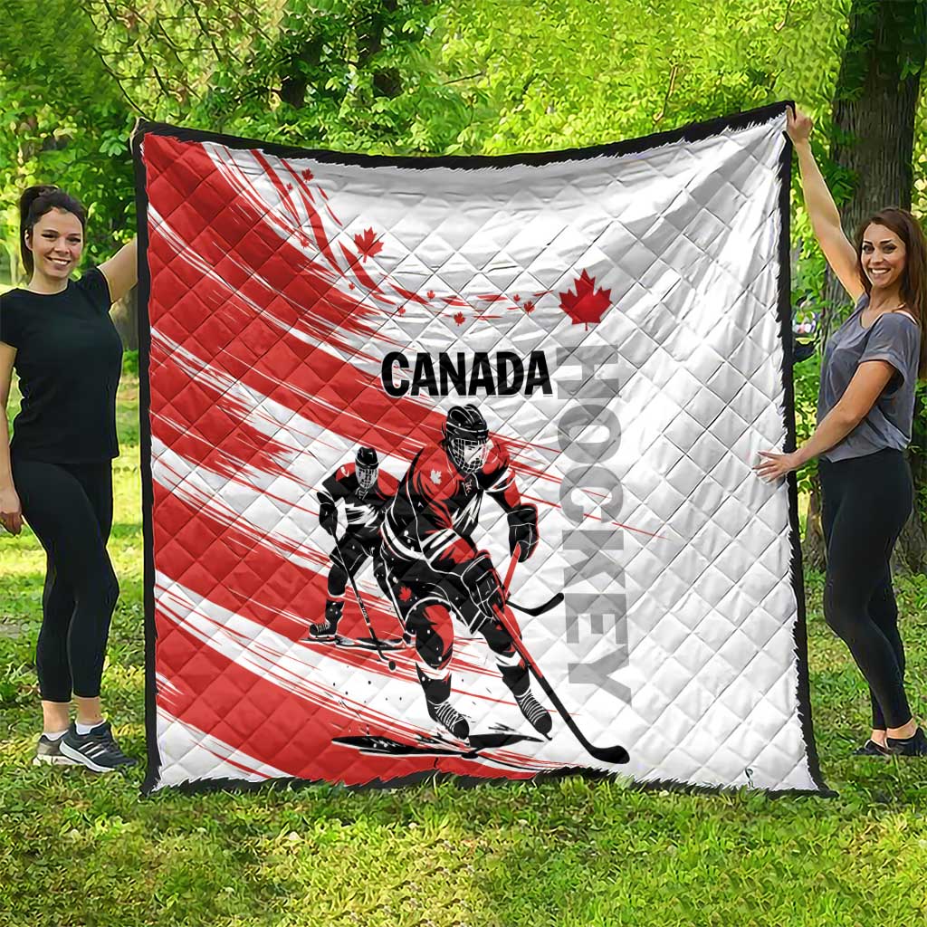 Red and white Canada hockey quilt spread wide with quilted diamond pattern and player art