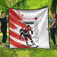 Red and white Canada hockey quilt spread wide with quilted diamond pattern and player art