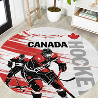Round red and gray hockey-themed rug with Canada text and black-and-red player graphic