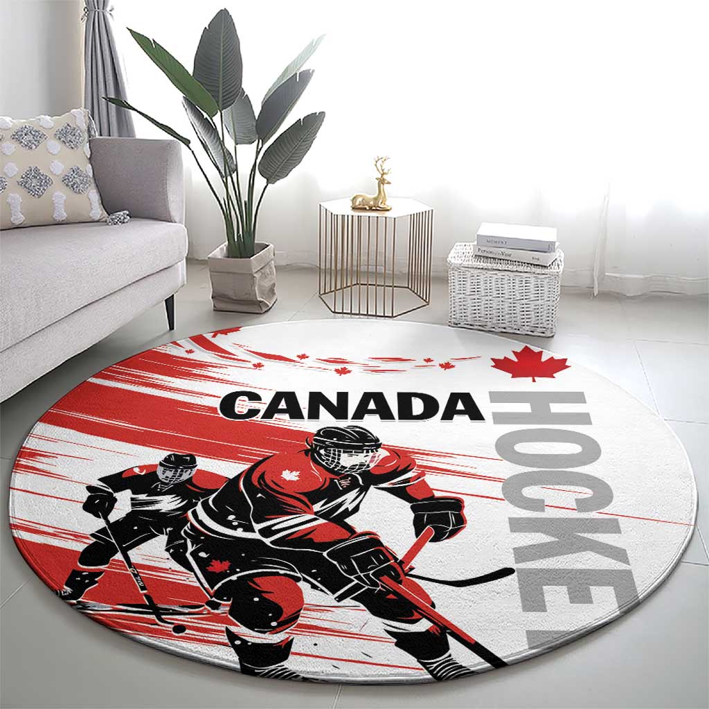 Round red and gray hockey rug featuring Canada lettering and a black-and-red skater