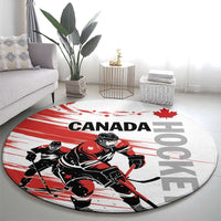 Round red and gray hockey rug featuring Canada lettering and a black-and-red skater