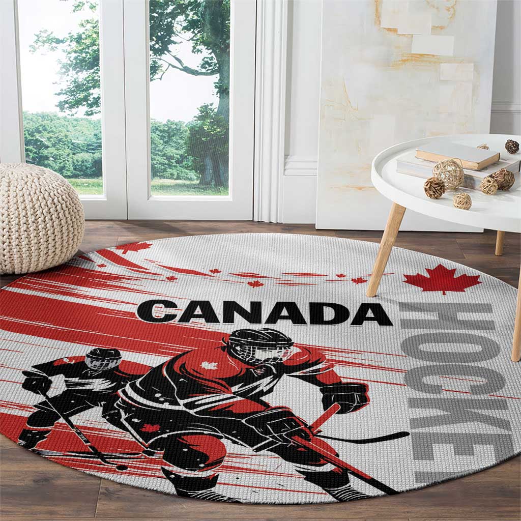 Round hockey rug with Canada text, maple motif, and player action graphic