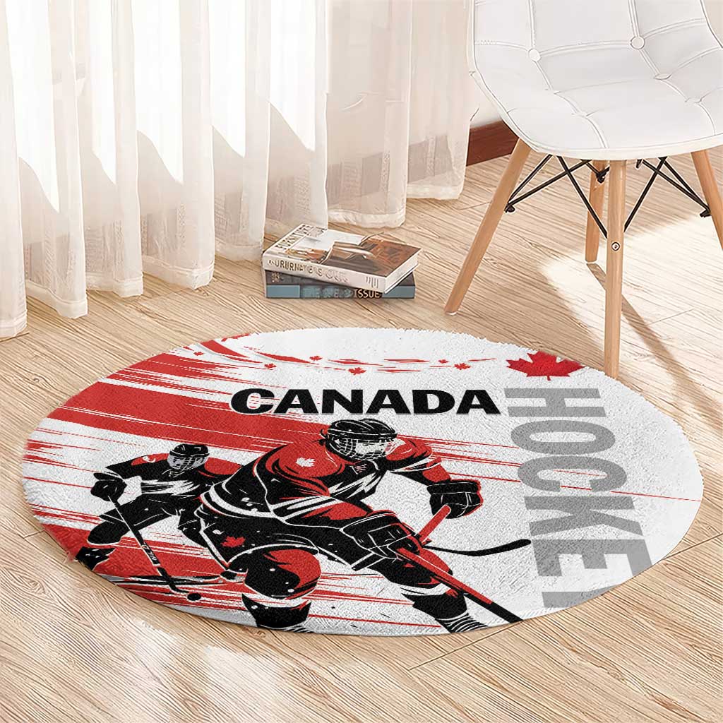 Round hockey rug with Canada lettering, red maple details, and black-and-red goalie art