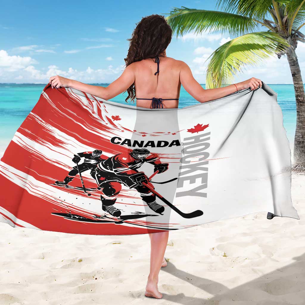 Canada hockey sarong in white with red border, Canada and hockey player graphics, wrap