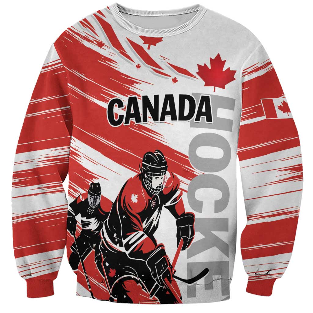 Unisex hockey sweatshirt in red/gray with Canada graphic and maple leaf on front