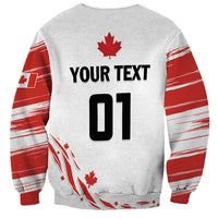 Unisex hockey sweatshirt in red/gray with 'YOUR TEXT 01' and maple leaf on back