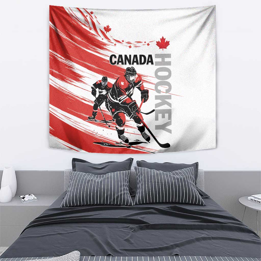Red and white Canada hockey tapestry featuring two players, maple leaves, and text