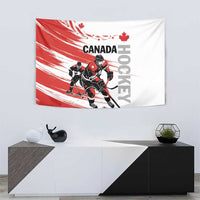 Red and white wall tapestry showing hockey players, maple leaf, and vertical HOOKLEY text