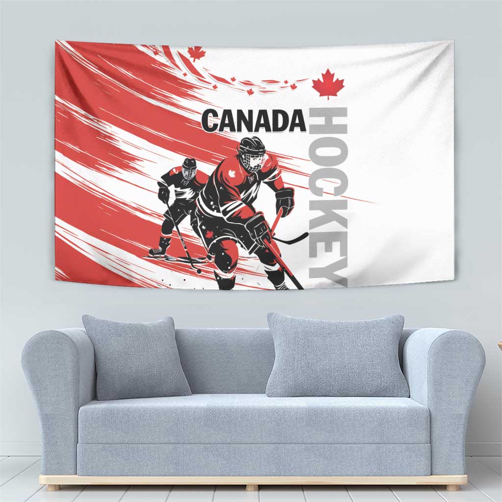 Red and white Canada hockey tapestry with puck player, maple leaf, and bold Canada text