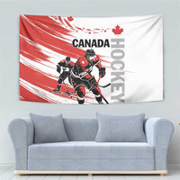 Red and white Canada hockey tapestry with puck player, maple leaf, and bold Canada text