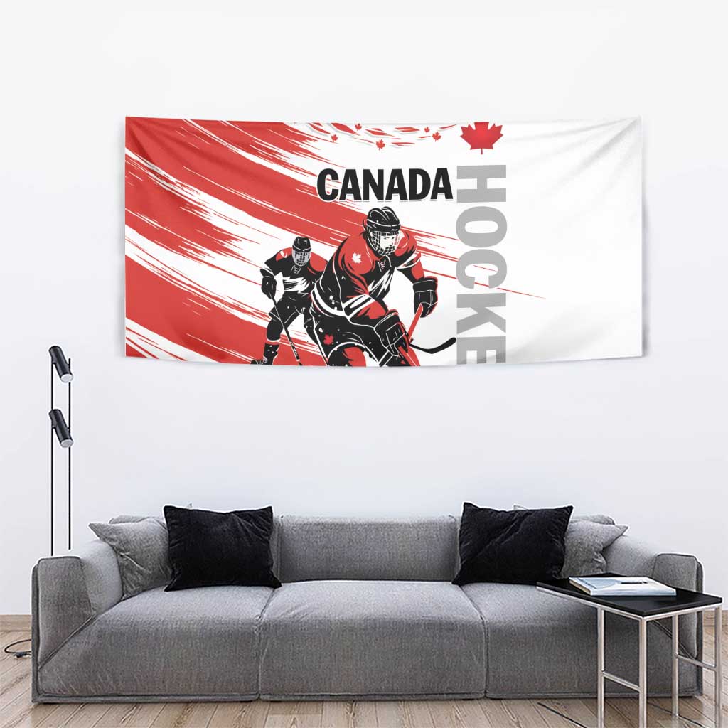 Red and white hockey wall tapestry with two players, maple leaf accents, and Canada lettering