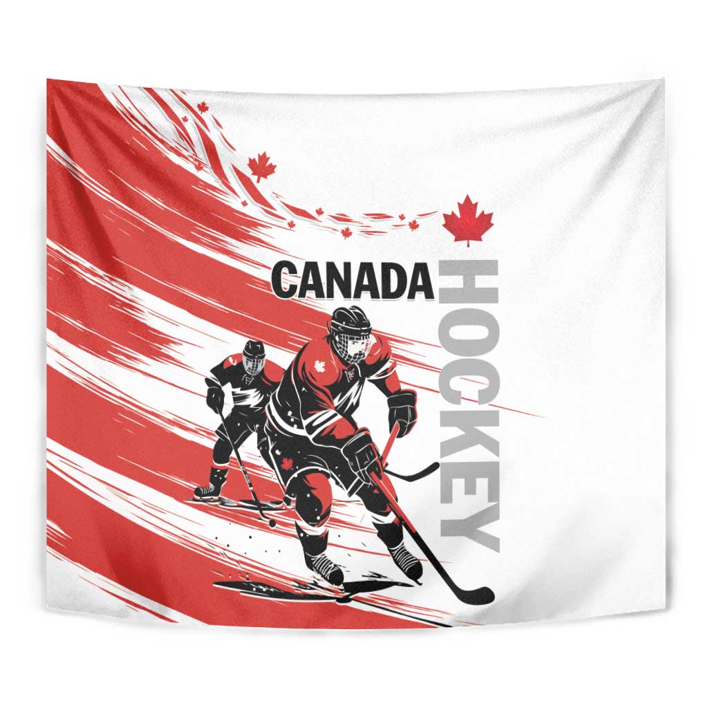 Red and white Canada hockey tapestry close-up with goalie player and maple leaf