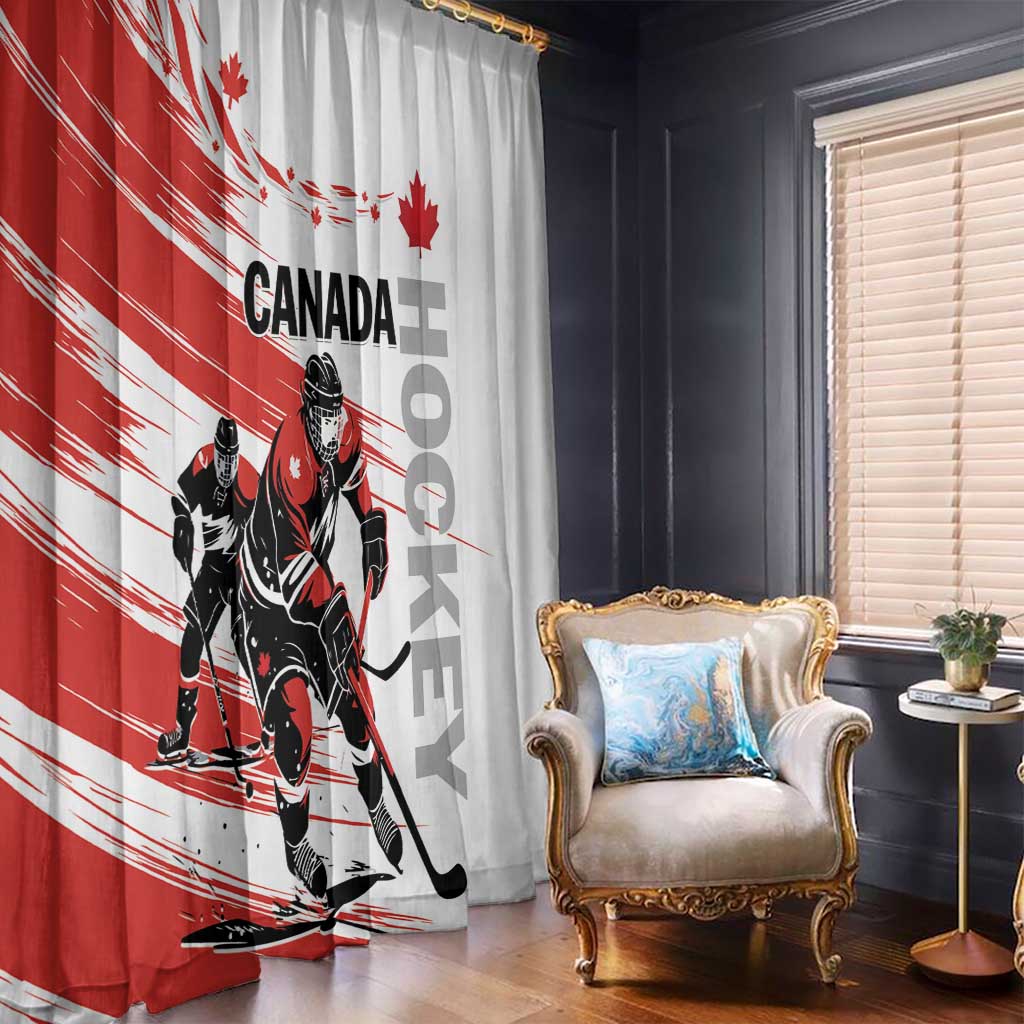 Canada hockey window curtains with red panel and white panel, hockey player print and maple leaf accents