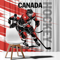 Canada hockey window curtains close-up, red and white panels with hockey player action graphics