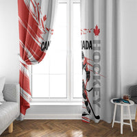 Red-and-white Canada hockey window curtain panels with hockey player print and maple leaf details