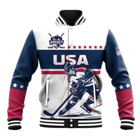 White and navy hockey baseball jacket with red stripes, USA logo and front graphic