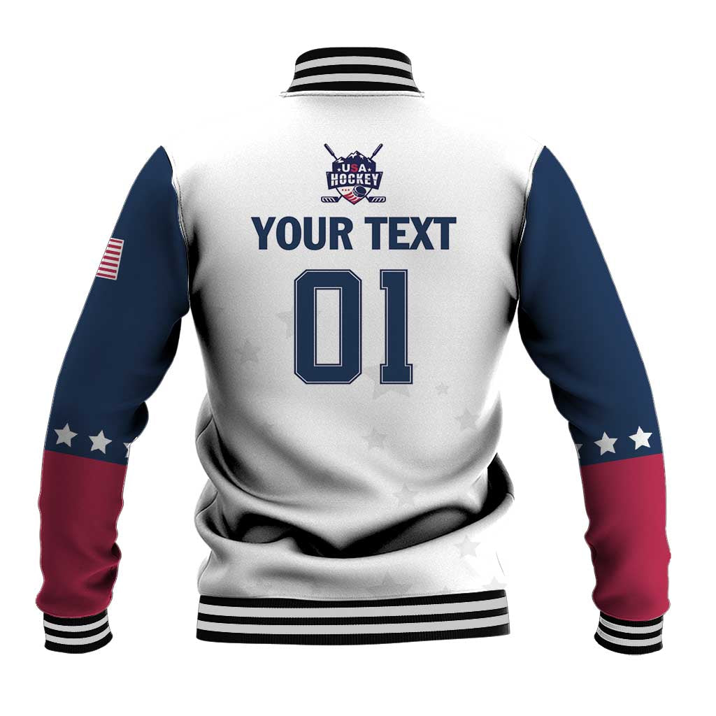 White back varsity jacket with USA Hockey logo, your text 01 print, stars and stripes