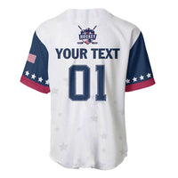 White ice hockey baseball jersey back with 'YOUR TEXT' and navy number 01