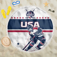 Round USA ice hockey beach blanket with fringe, USA Hockey logo, navy/red stripes, player graphic